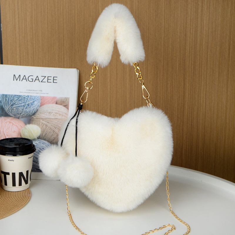 Beige 2PCS Luxury Faux Rabbit Fur Heart-Shaped Handbag