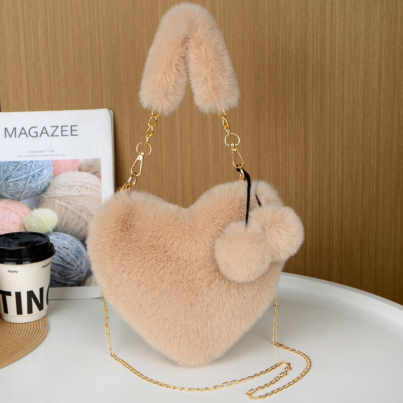 Khaki 2PCS Luxury Faux Rabbit Fur Heart-Shaped Handbag
