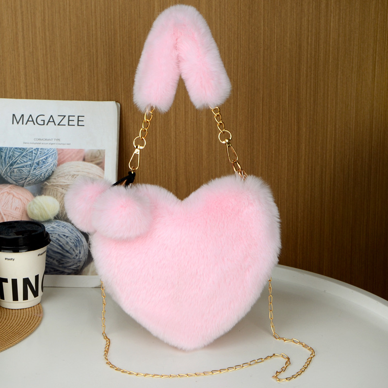 Pink 2PCS Luxury Faux Rabbit Fur Heart-Shaped Handbag