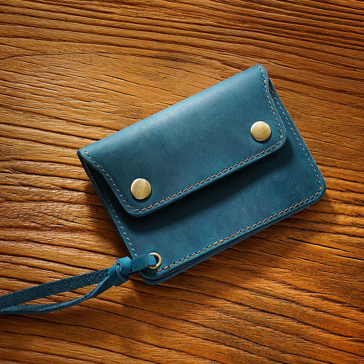 Blue Handmade Crazy Horse Leather Wallet Vintage Coin Purse Zipper Card Holder