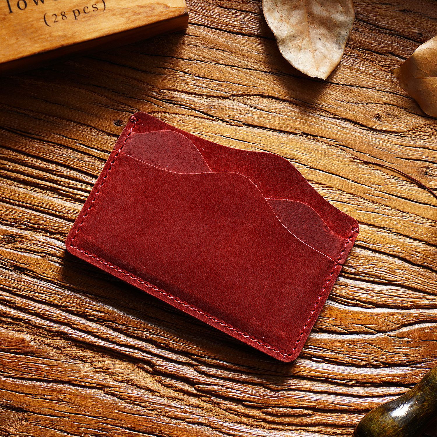 Wine Red Minimalist Slim Crazy Horse Leather Card Holder - Vintage Handcrafted