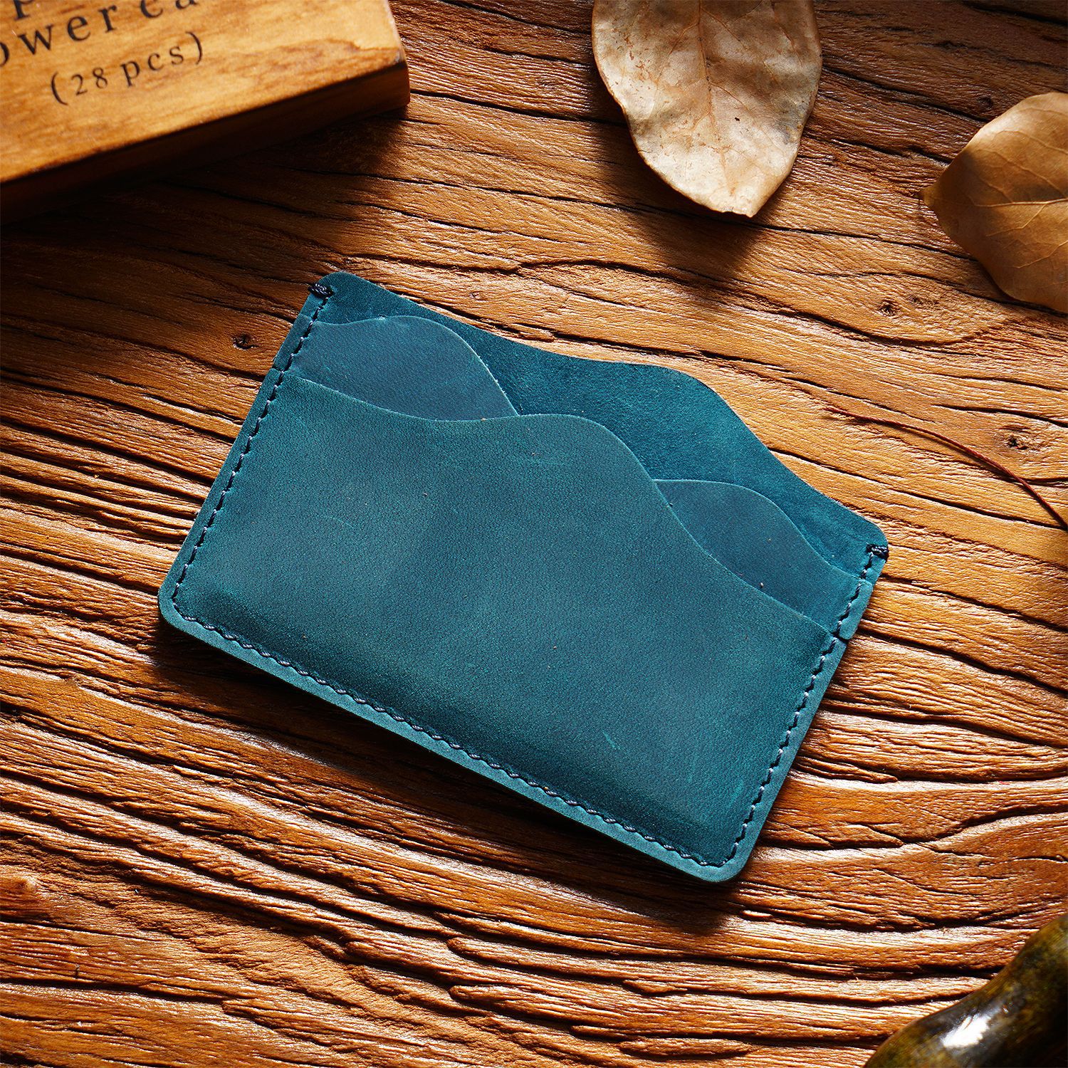 Blue Minimalist Slim Crazy Horse Leather Card Holder - Vintage Handcrafted Top