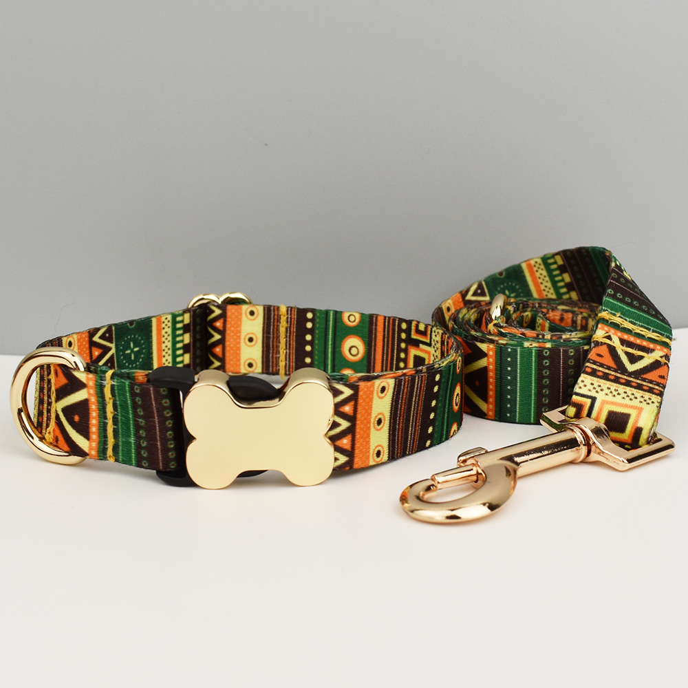 M Green-yellow Print Patterned Dog Collar with Gold Metal Bone Buckle