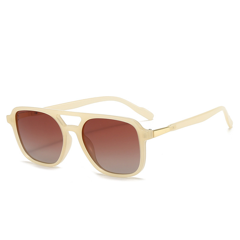 Beige Retro Double Bridge Square Frame Polarized Sunglasses - Driving Sun