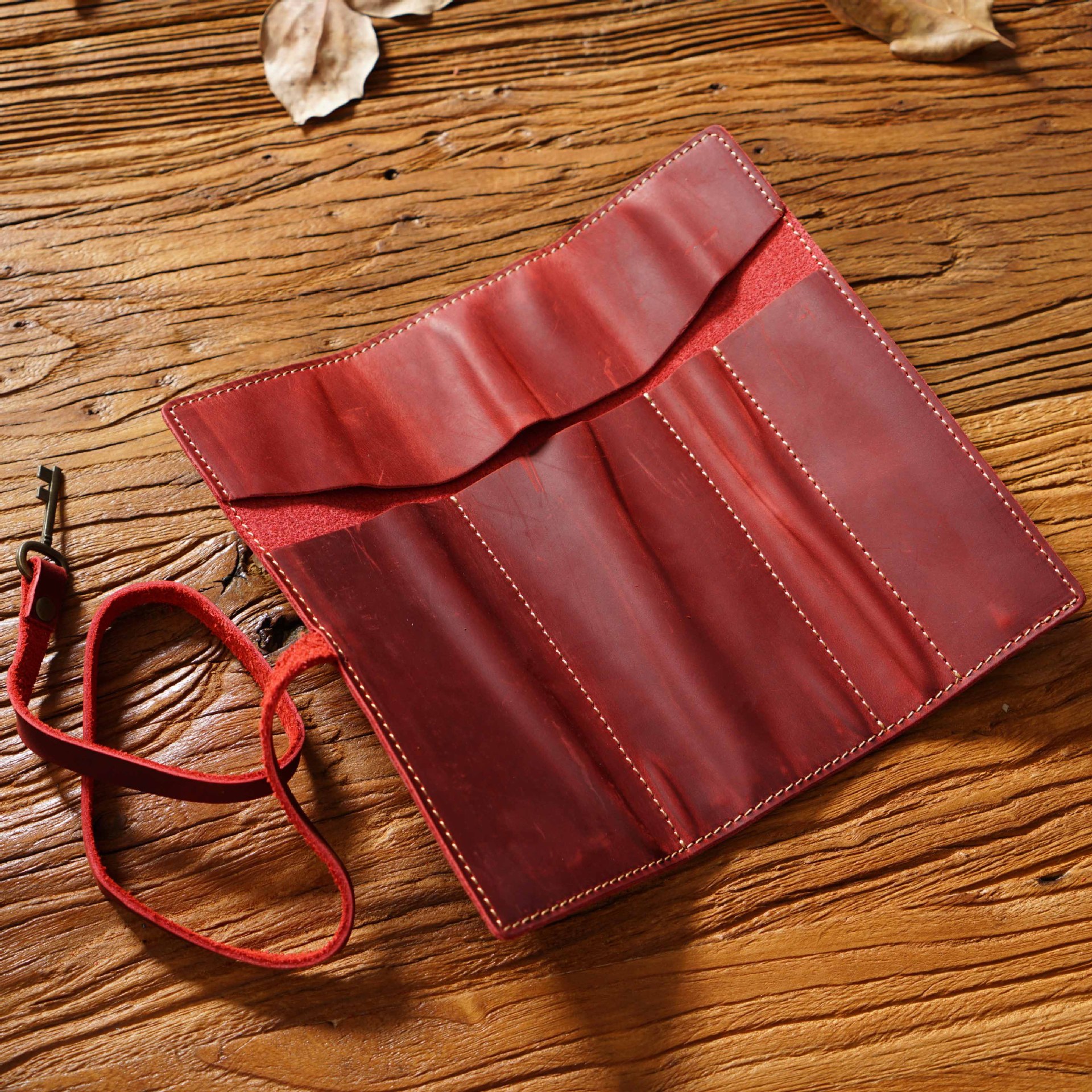 Wine Red Genuine Crazy Horse Leather Pencil Roll Case Vintage Pen Wrap