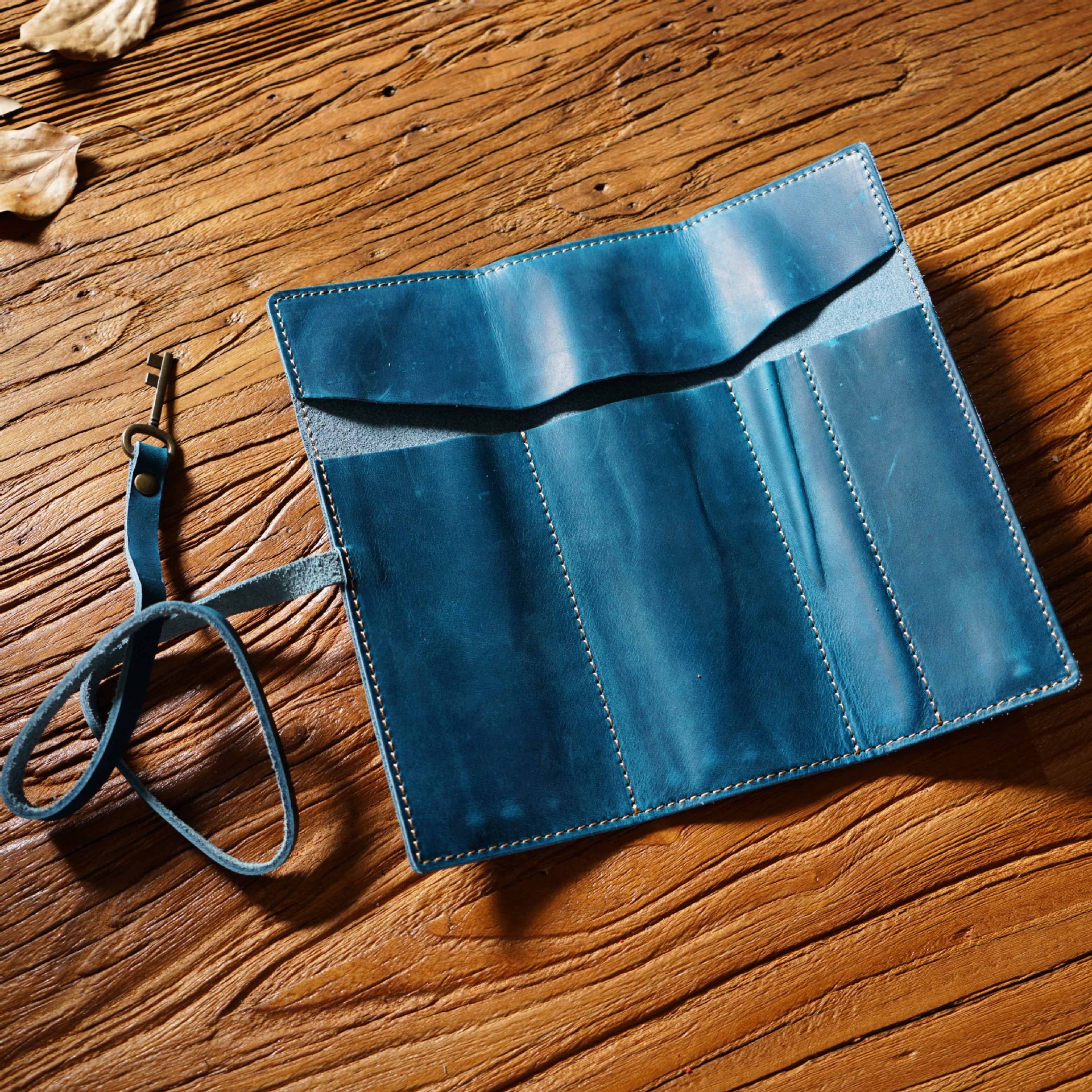 Blue Genuine Crazy Horse Leather Pencil Roll Case Vintage Pen Wrap Stationery