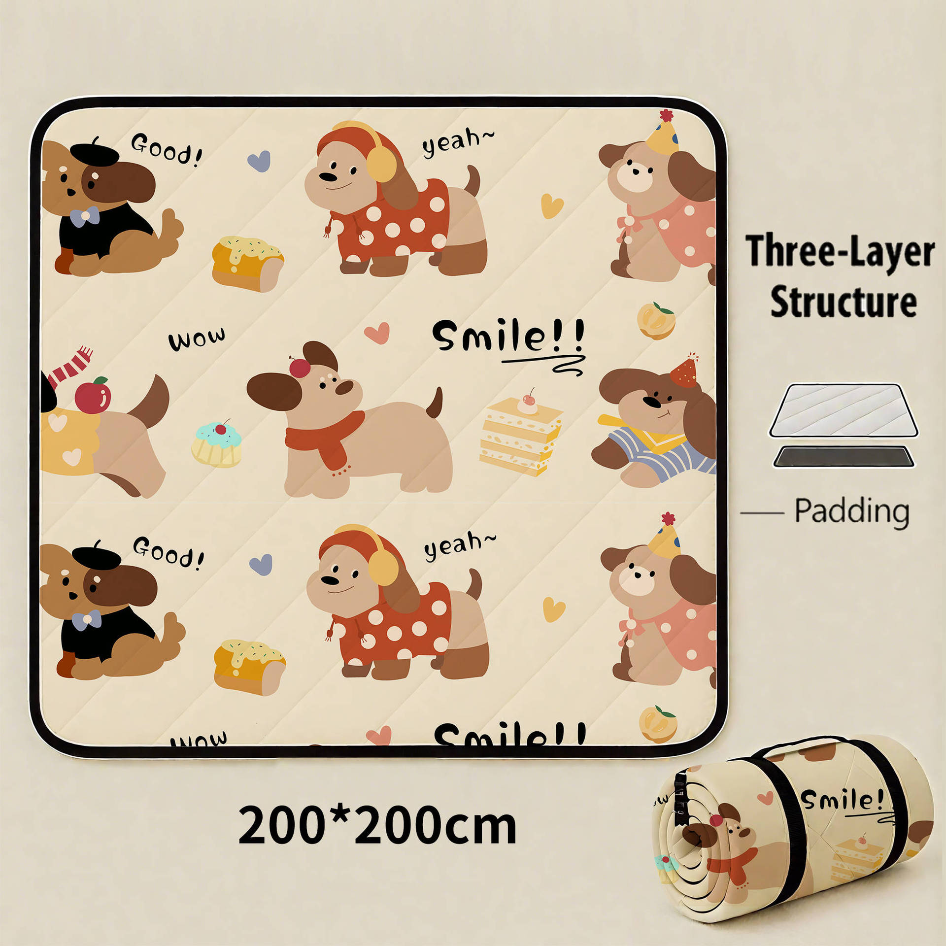 Smile Dog Extra Large 200x200cm Waterproof Picnic Mat - Portable Thickened