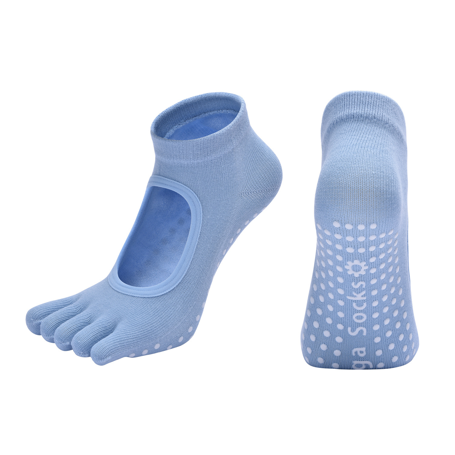Blue 3-Pack Women's Non-Slip Five-Finger Yoga Socks - Open Back Combed Cotton