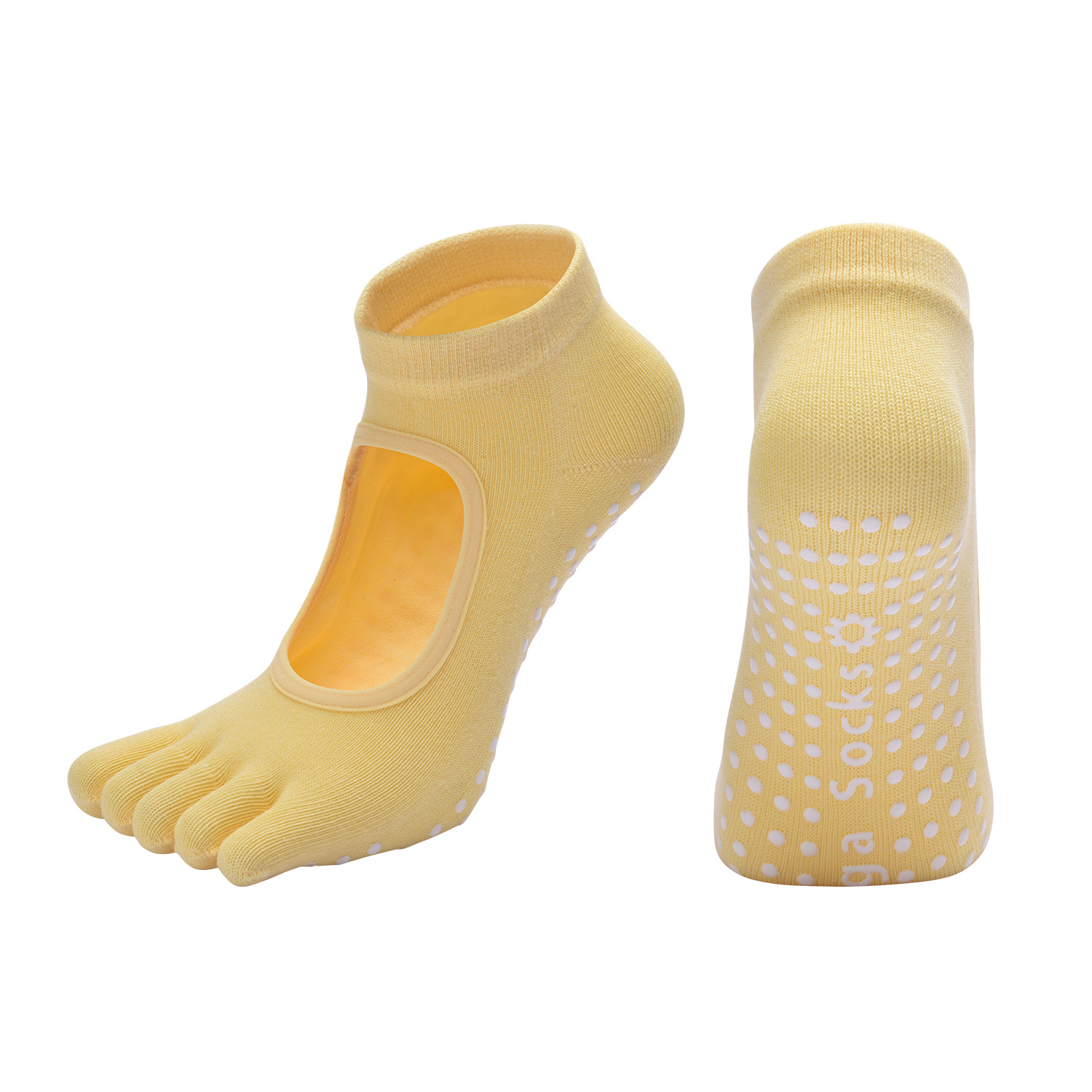Yellow 3-Pack Women's Non-Slip Five-Finger Yoga Socks - Open Back Combed