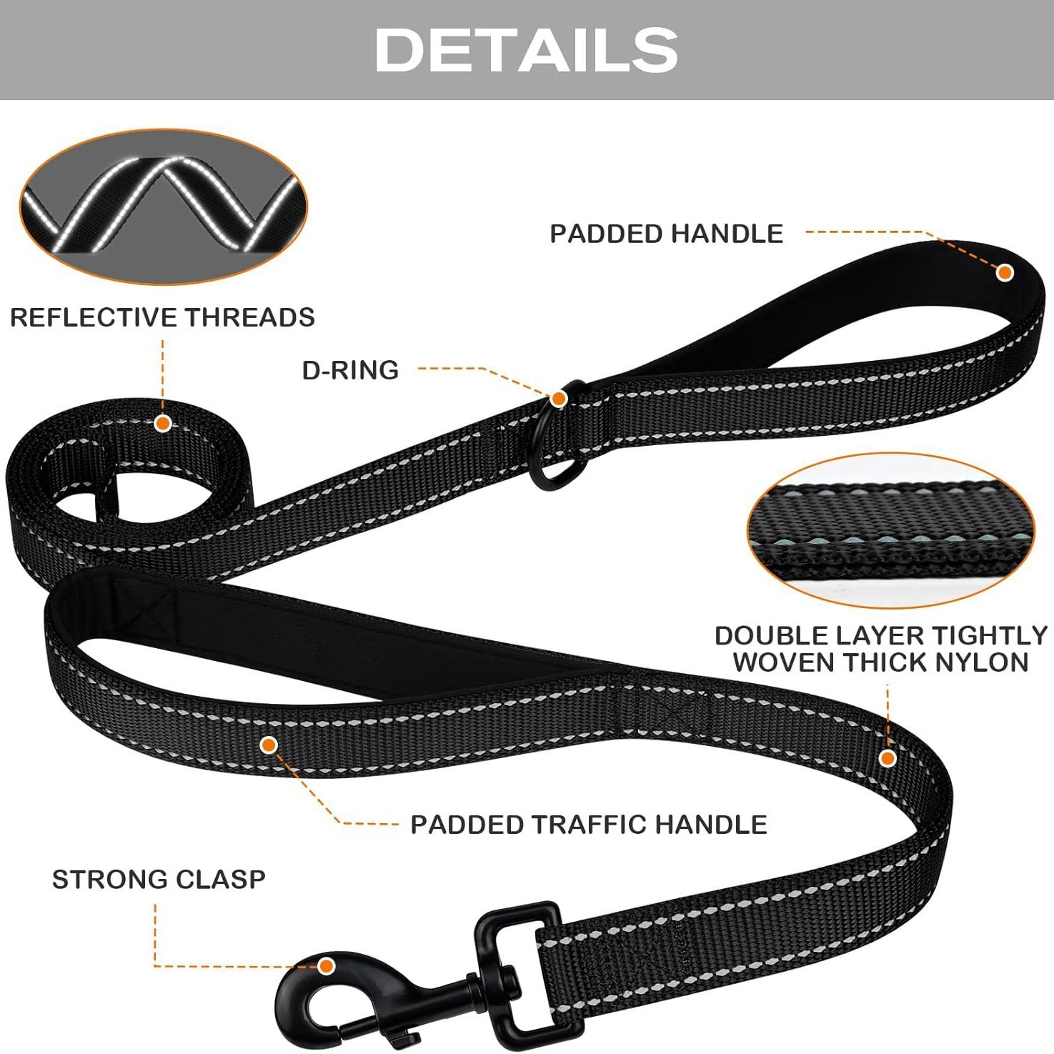 Orange 2.5 Meter Heavy Duty Reflective Dog Leash view 2