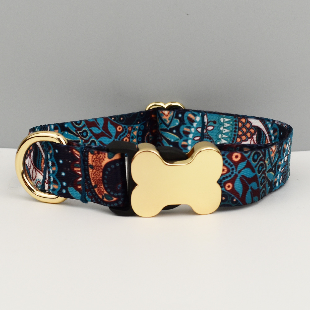 S Blue Boho Patterned Dog Collar with Gold Metal Bone Buckle Adjustable Tribal