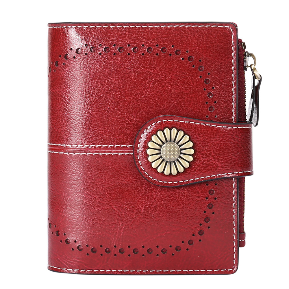 Red Women's Short Leather Wallet - European Style Waxed Leather Coin Purse