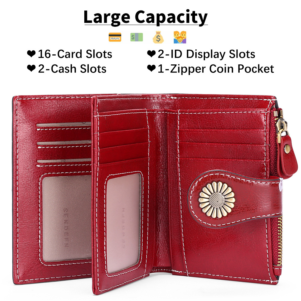 Red Women's Short Leather Wallet - European Style Waxed Leather Coin Purse view 2