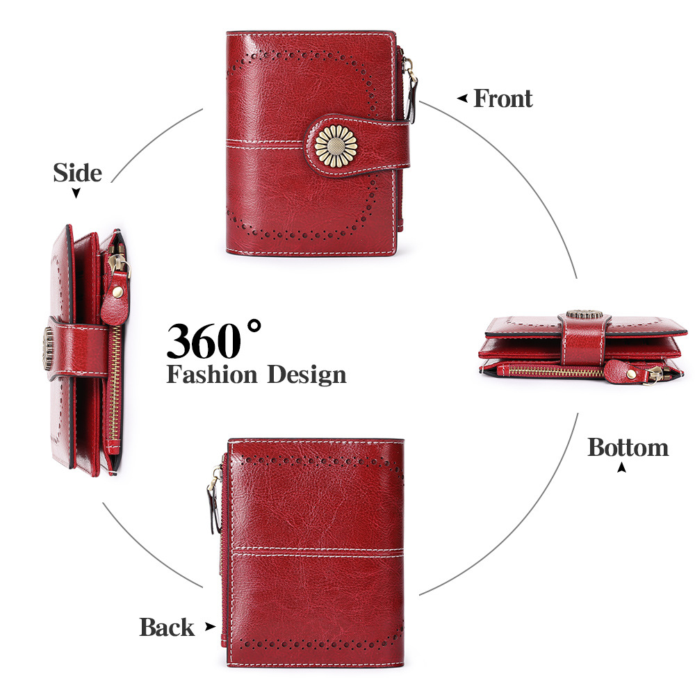 Red Women's Short Leather Wallet - European Style Waxed Leather Coin Purse view 4