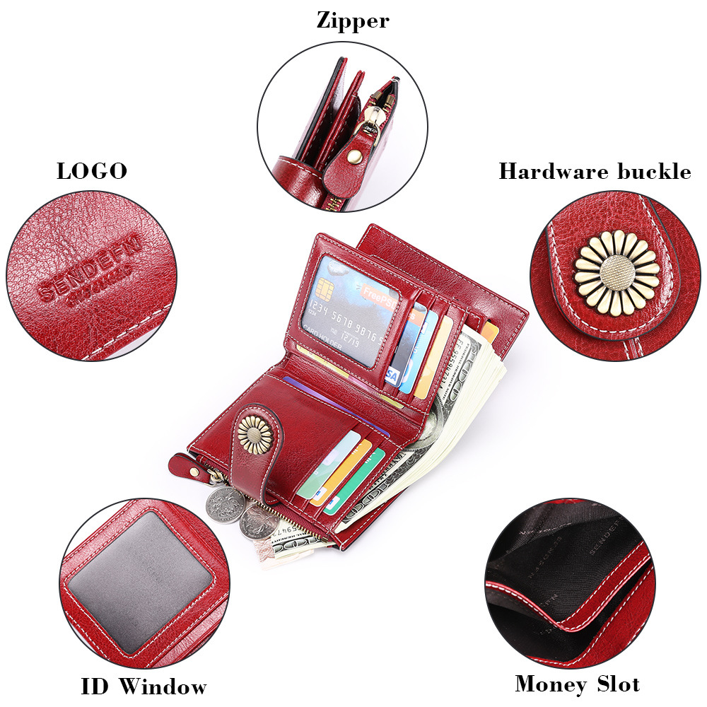 Red Women's Short Leather Wallet - European Style Waxed Leather Coin Purse view 5