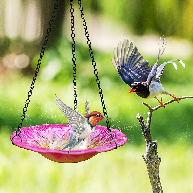 Red Decorative Hanging Glass Flower Bird Bath - 8.1 Inch Vibrant Outdoor view 2