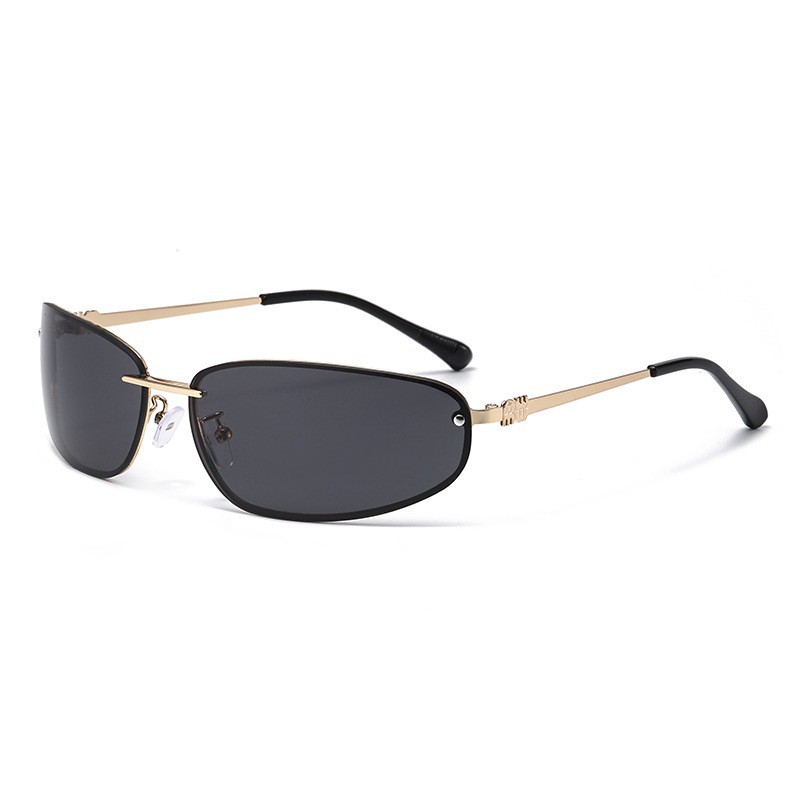 Gold-rimmed Black-and-grey Lenses 2PCS Retro Y2K Rimless Oval Sunglasses for Women