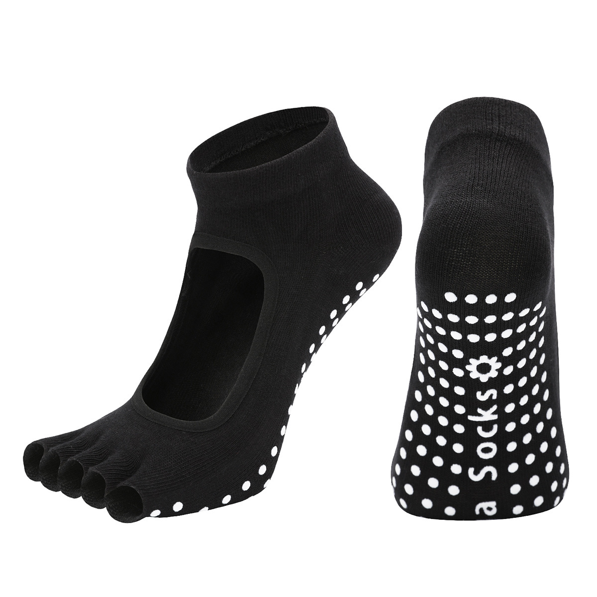 Black 3-Pack Women's Non-Slip Five-Finger Yoga Socks - Open Back Combed Cotton