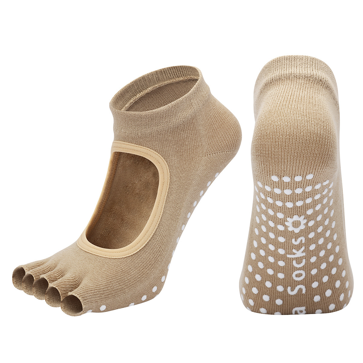 Beige 3-Pack Women's Non-Slip Five-Finger Yoga Socks - Open Back Combed Cotton