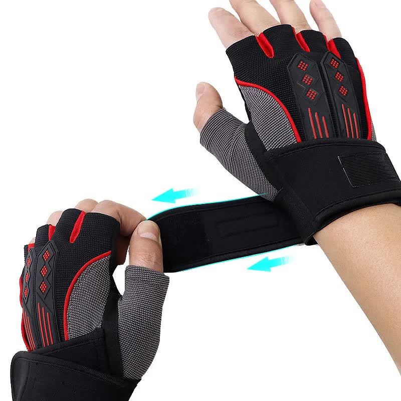M Red Fingerless Workout Gloves with Wrist Support - Non-Slip view 6