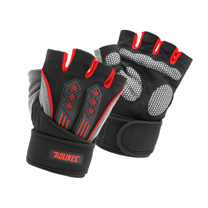 L Red Fingerless Workout Gloves with Wrist Support - Non-Slip