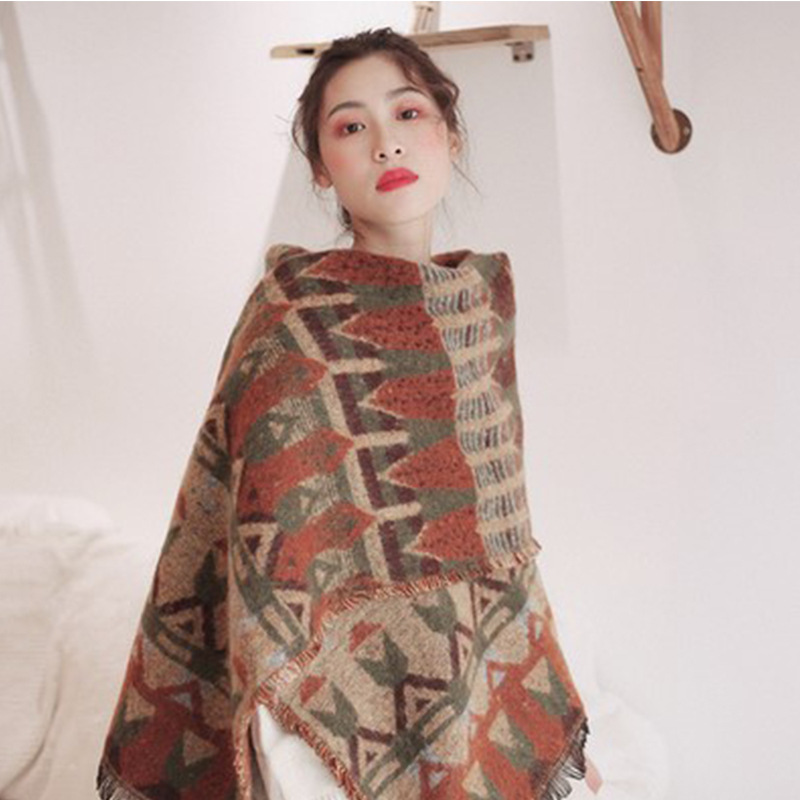 Red-beige Extra Large Ethnic Print Faux Lambswool Shawl - Cozy Winter Wrap