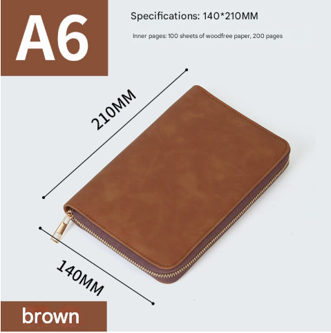 Brown Premium A5 Zippered PU Leather Notebook