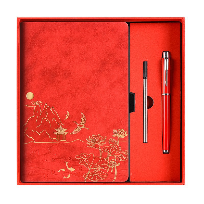 Red A5 Premium Notebook Gift Set with Pen - Red PU Leather Journal with Gold