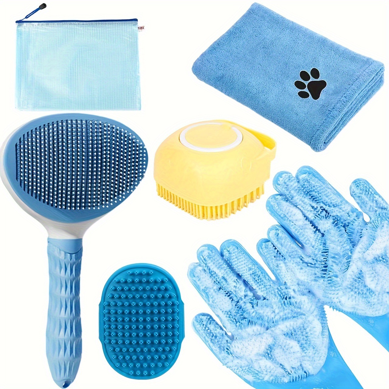Blue 6-Piece Dog Grooming Bath Set - Absorbent Microfiber Towels & Wash Mitts