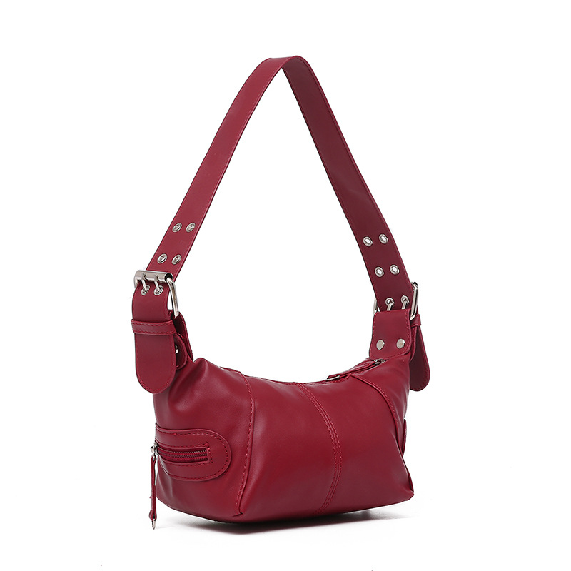 Red PU Leather Zippered Shoulder Bag – Retro European Style Crossbody and