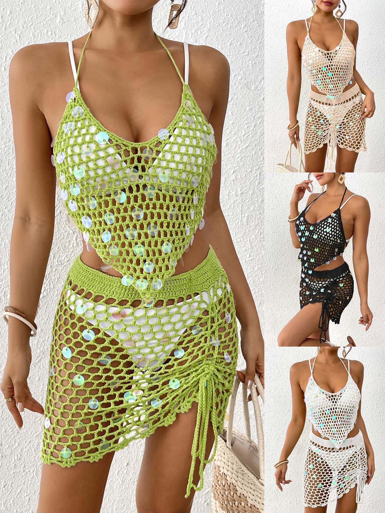 Beige Women's Hand-Crocheted Beachwear Set with Sequin Embellishments – Boho view 2