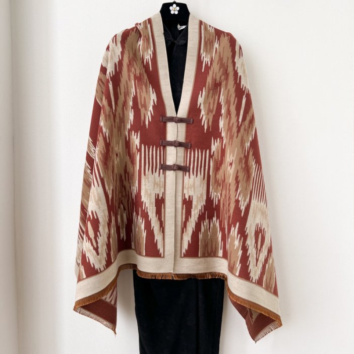 Dark Red New Style Buttoned Shawl – Double-Sided Winter Scarf with Ethnic Pattern