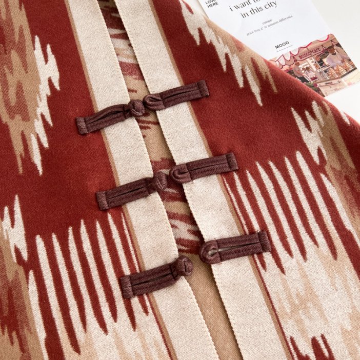Dark Red New Style Buttoned Shawl – Double-Sided Winter Scarf with Ethnic Pattern view 3