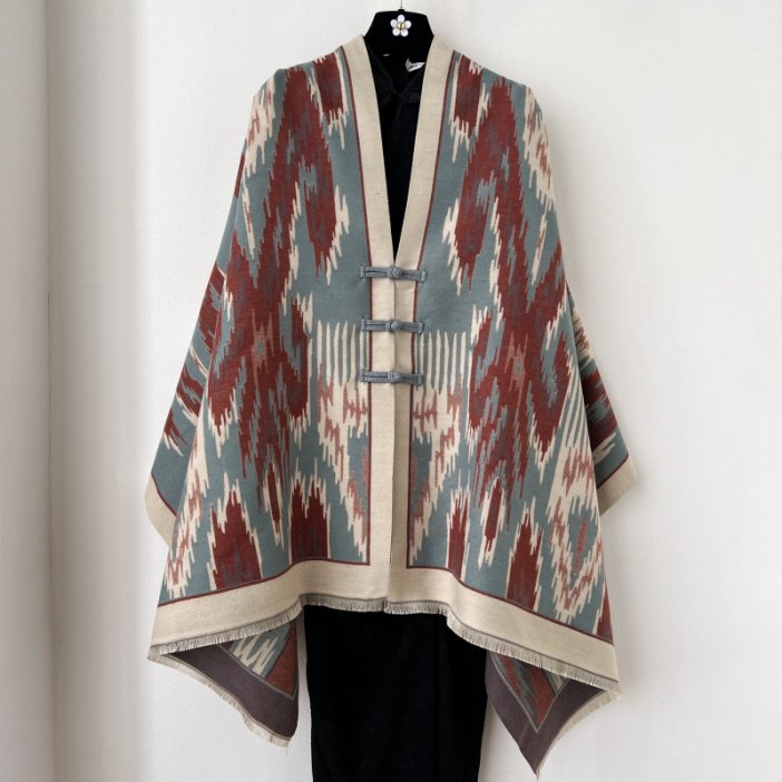 Blue and Dark Red New Style Buttoned Shawl – Double-Sided Winter Scarf with