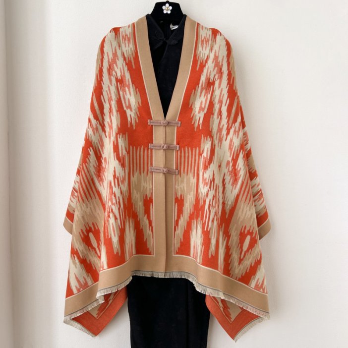 Orange New Style Buttoned Shawl – Double-Sided Winter Scarf with Ethnic Pattern