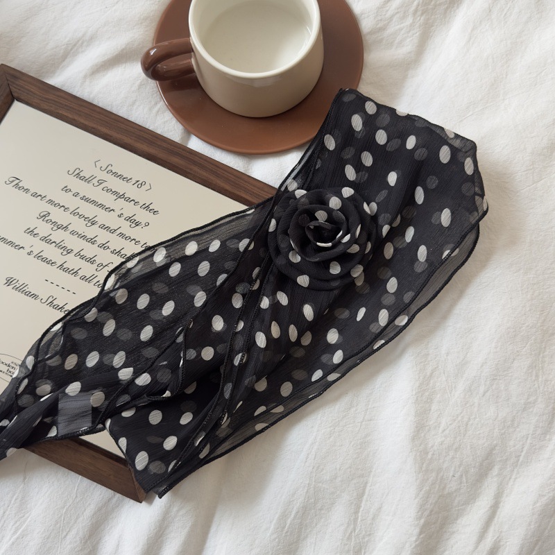 2 Pcs Black Dot Pattern Rose Flower Thin Scarf – Elegant and Versatile Neck view 2