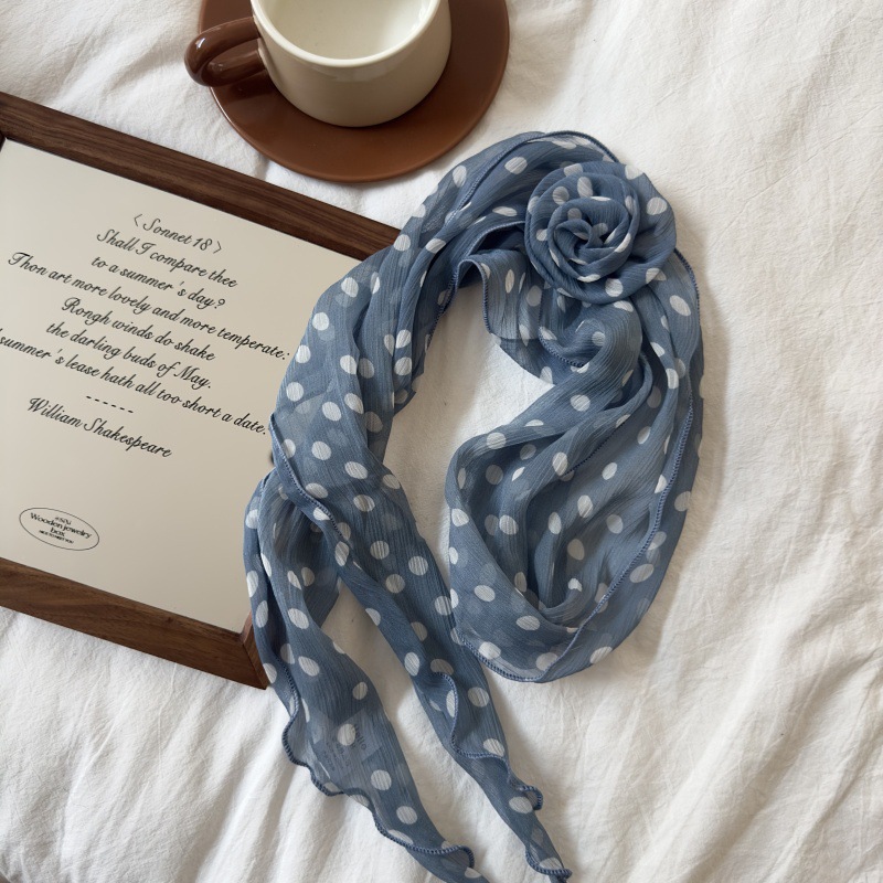 2 Pcs Blue Dot Pattern Rose Flower Thin Scarf – Elegant and Versatile Neck view 2