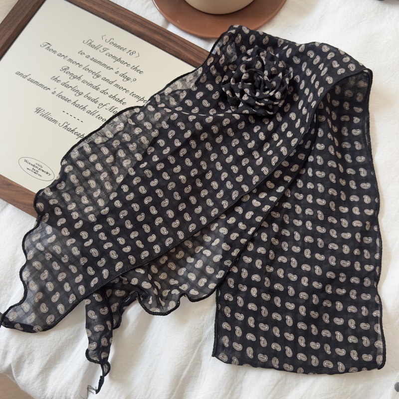 2 Pcs Black Fruit Pattern Rose Flower Thin Scarf – Elegant and Versatile Neck view 2
