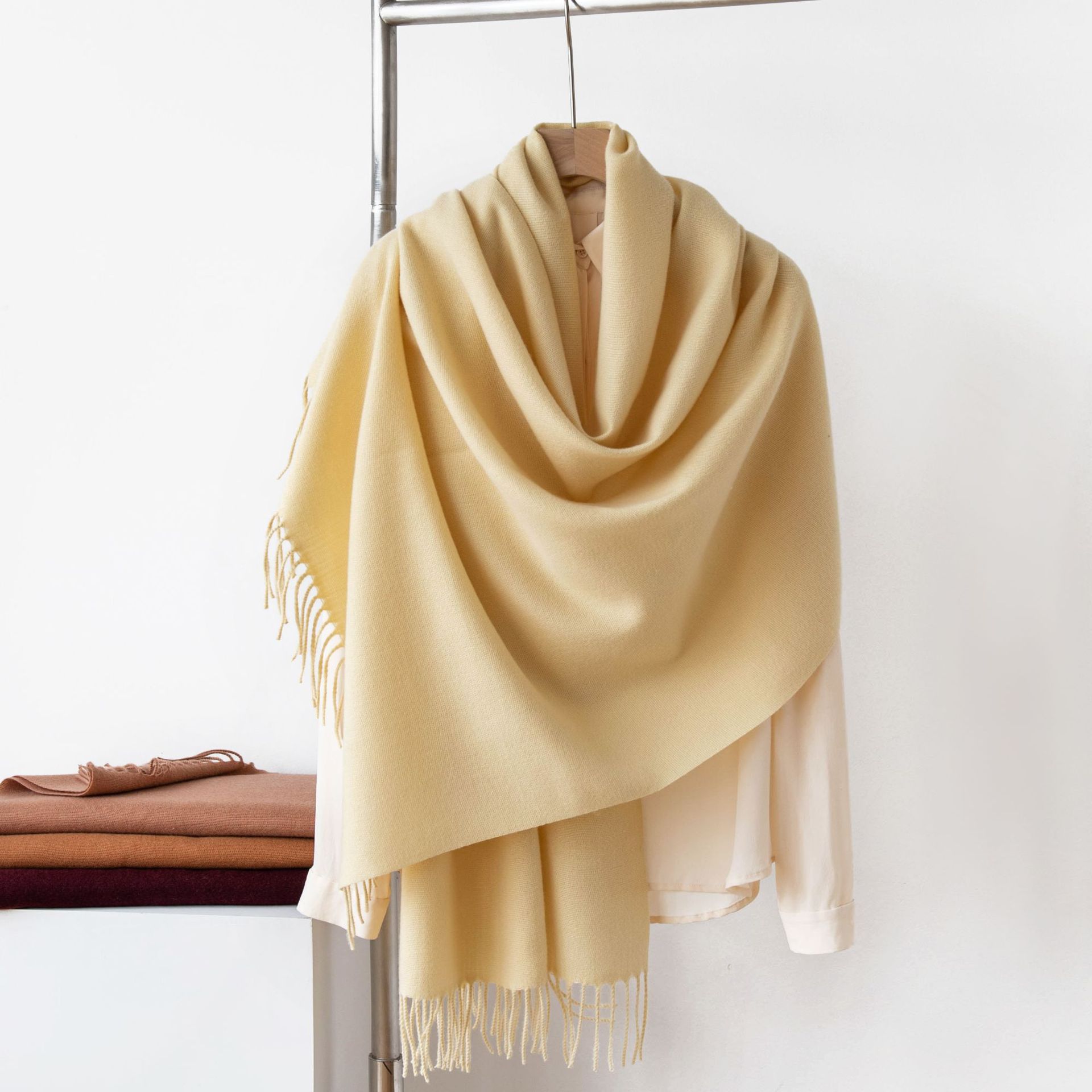 Oatmeal Autumn & Winter Korean-Style Women's Cashmere-Like Scarf – Solid Color view 4