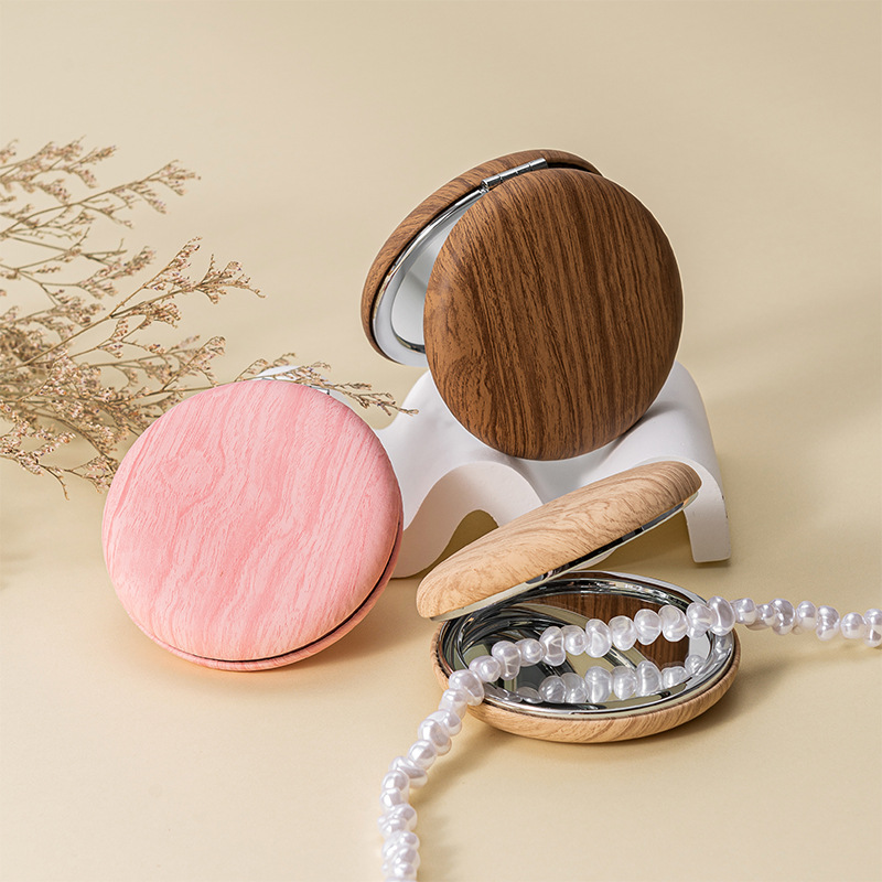 2 Pcs Pink Portable Wooden-Style Makeup Mirror - Dual-Sided High-Definition view 3