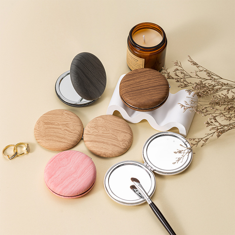 2 Pcs Khaki Portable Wooden-Style Makeup Mirror - Dual-Sided High-Definition view 2