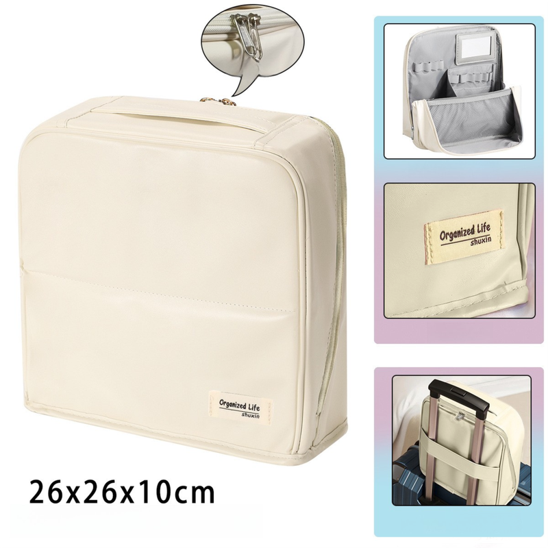 Beige Magnetic Compartmentalized Standing Cosmetic Bag – Large Capacity with