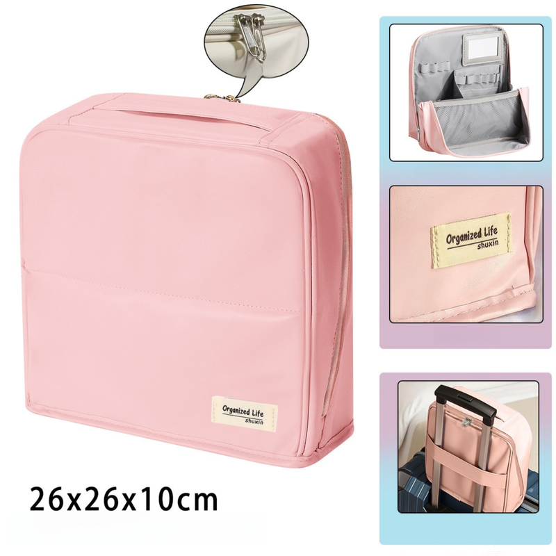 Pink Magnetic Compartmentalized Standing Cosmetic Bag – Large Capacity with Mirror