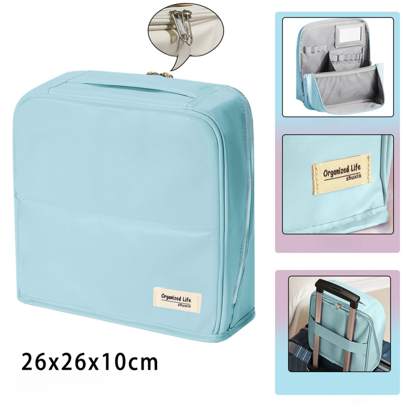 Blue Magnetic Compartmentalized Standing Cosmetic Bag – Large Capacity with Mirror