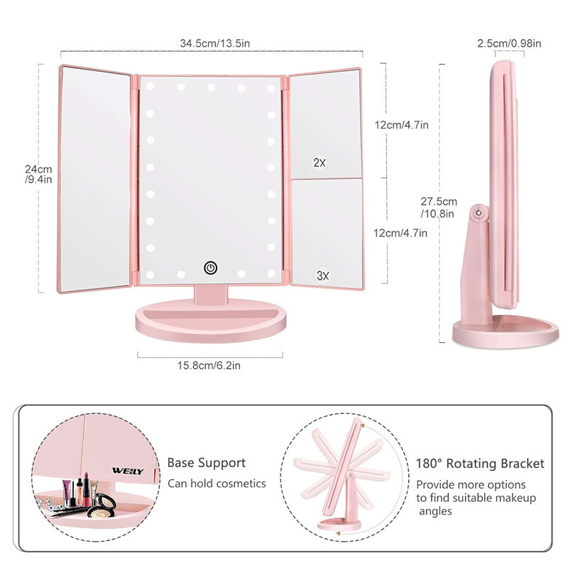 White 360° Rotating LED Tri-Fold Makeup Mirror – 22-Bulb Illuminated Vanity view 3
