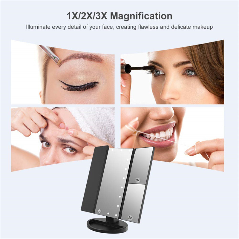 Black 360° Rotating LED Tri-Fold Makeup Mirror – 22-Bulb Illuminated Vanity view 2