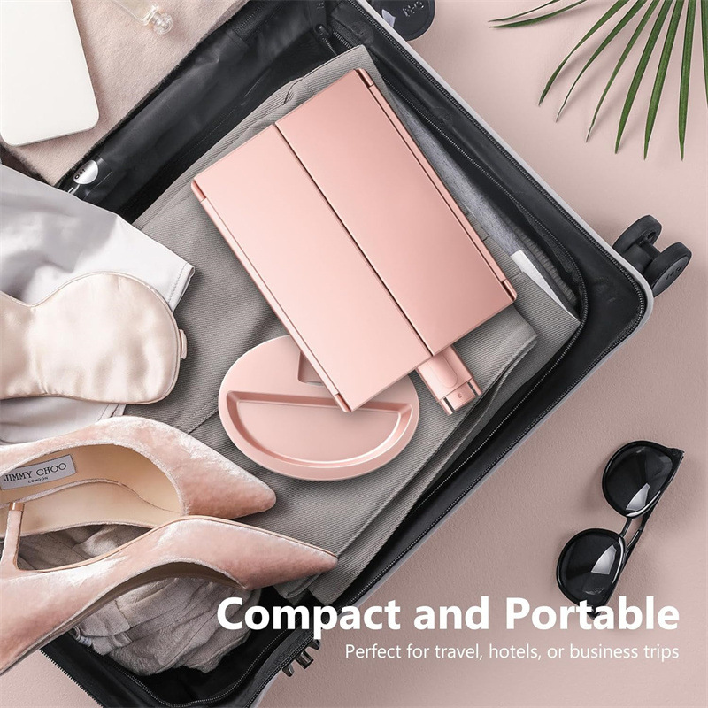 Black 360° Rotating LED Tri-Fold Makeup Mirror – 22-Bulb Illuminated Vanity view 4