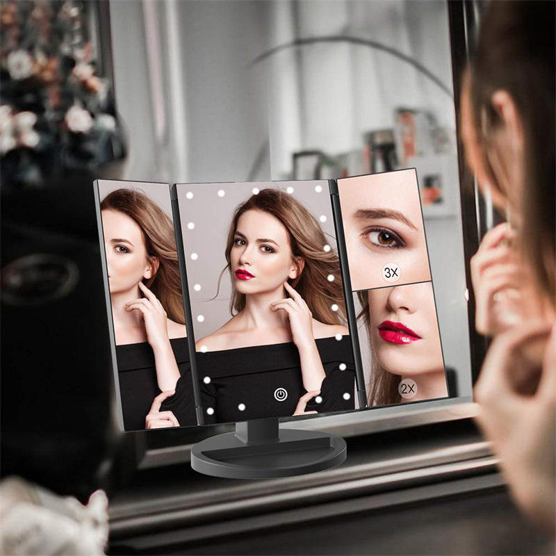 Black 360° Rotating LED Tri-Fold Makeup Mirror – 22-Bulb Illuminated Vanity view 5