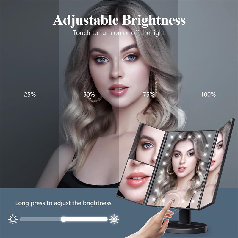 Black 360° Rotating LED Tri-Fold Makeup Mirror – 22-Bulb Illuminated Vanity view 7