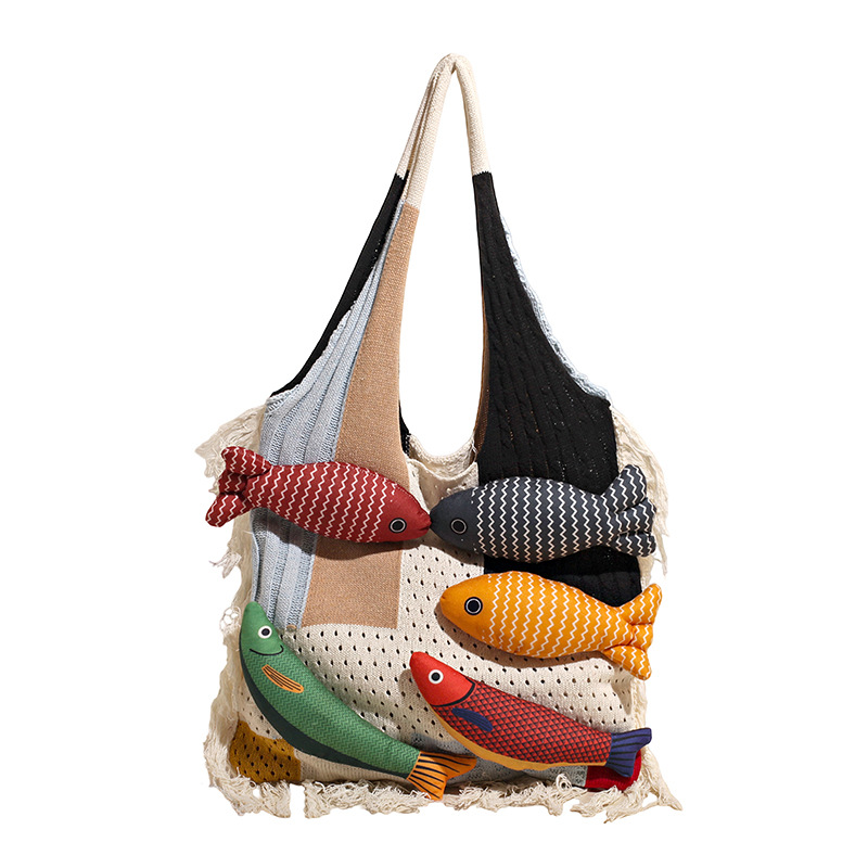 White handbag strap Knitted Patchwork Tote Bag – Spacious